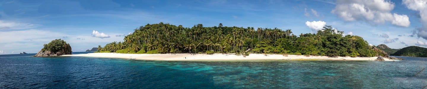 A white sand beach on a tropical island with lush palm trees.