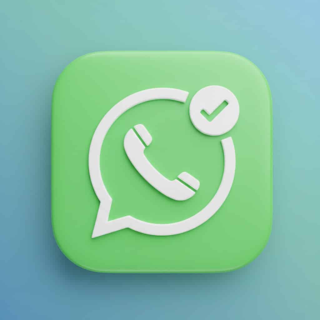Ícone verde e branco em relevo do WhatsApp com um símbolo de telefone e um sinal de verificação.